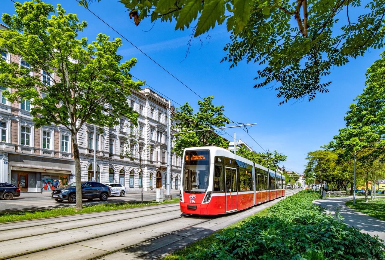 Straßenbahnlinie 6 am Wiener Gürtel Eine Garnitur der Straßenbahnlinie 6 am Wiener Gürtel, neben dem Gleiskörper begrünte Gehwege.
