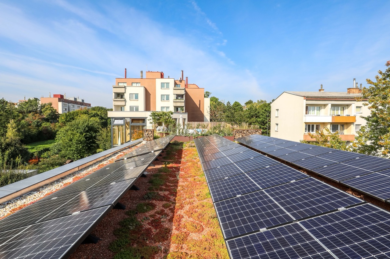 PV-Anlage auf einem begrünten Dach; im Hintergrund sind Wohnhäuser erkennbar, dazwischen große Grünflächen.